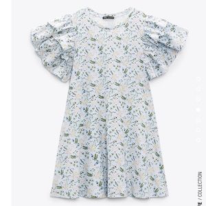 Zara ruffled print dress light blue med